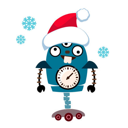 Funny cartoon robot in Santa Claus hat. Vector illustration on white backgroundのイラスト素材