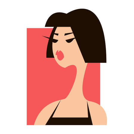 Profile of a girl with short black hair. Fashion illustration. Long neck. Logo. Vector on white...