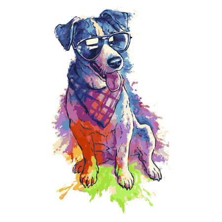 A realistic portrait of a dog. In the style of watercolors. A dog with glasses and a bandana. Breed jack cleared the terrierのイラスト素材