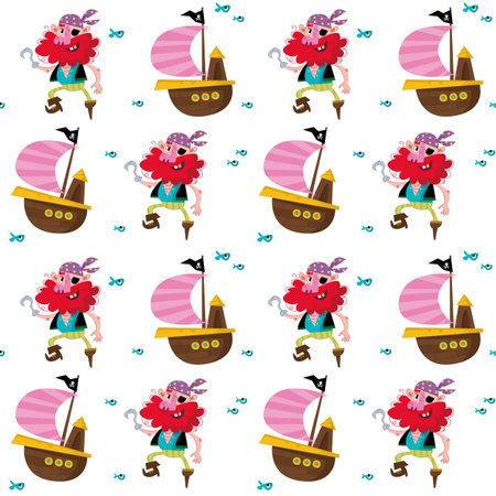 Seamless background with funny pirates and ships. Vector illustration in children s cartoon style. Printing on textiles, print design, postcardsのイラスト素材