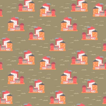 Vector illustration with architecture and city in minimalistic flat hand drawn style. Seamless pattern with minimalistic house on a khaki green background. Printing for textiles, print designのイラスト素材