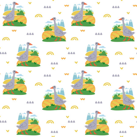 White goose on the background of the field and nature. Seamless pattern in a farm mood. Cartoon illustration in children styleのイラスト素材