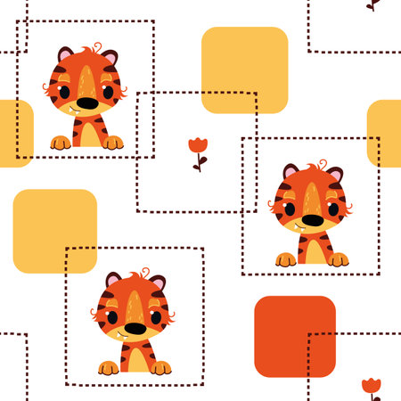 Seamless pattern with tigers and geometric abstract shapes. The symbol of 2022. Cute animal with a smile. Vector illustration in cartoon children s styleのイラスト素材