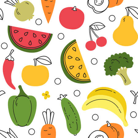 Pattern with fruits and vegetables in minimalistic flat style. Watermelon, peach, bananas and others...