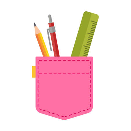 Pink pocket with pen and pencil. Vector illustration in cartoon children's style. Isolated funny clip art on a white background. Cute printのイラスト素材