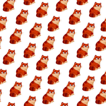 Seamless pattern with funny cartoon ginger cats on a white background. Illustration in baby style, drawing by hands. Pet, fat kitten sits. Childrens print for textiles, print design.の写真素材