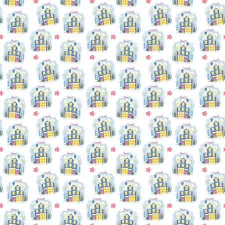 Christmas pattern with snow-covered houses and stars. Seamless cartoon cute pattern on a white background. New Year, children's funny illustration, freehand drawing. Children's printの写真素材