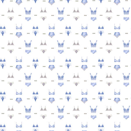 Women's underwear, watercolor blue thongs and bras. Seamless cute pattern. Freehand drawingの写真素材