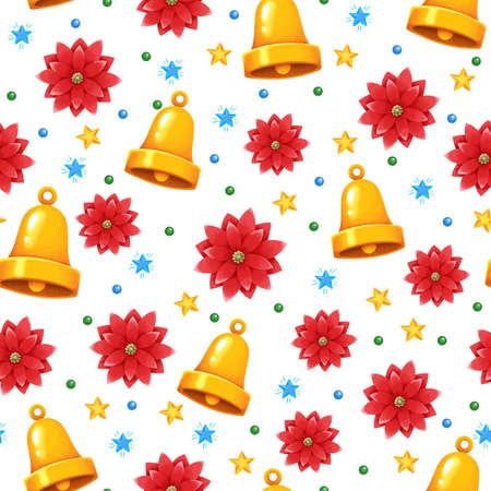 Gold bells and red flower star of Bethlehem. Seamless Christmas pattern with decorの写真素材