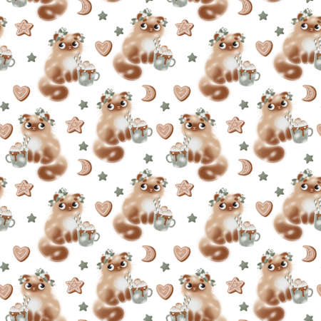 Cute fluffy cat and mug with tea or cocoa, seamless pattern. Pet and gingerbread cookie. Winter cozy print for kidsの写真素材