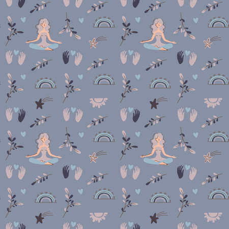 The girl is sitting in a yoga pose. Gray background, seamless minimalist pattern. Decor of plants, stars, meteorite, hands and a person who plays sportsのイラスト素材