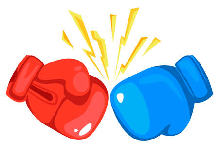 Two boxing gloves depict a punch. The concept of fighting in the ring. Vector illustration in flat styleのイラスト素材
