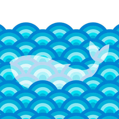 The white whale floats on the background of the waves. The print is decorative. Vector illustration in cartoon styleのイラスト素材