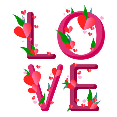 The inscription love is decorated with hearts and plants. Wedding invitation. Vector illustration in cartoon style.のイラスト素材