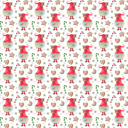 Cute gnomes in red hats and gingerbread on a white background. New Year, sweets and Santa Claus. Seamless Christmas pattern in kids watercolor styleの写真素材