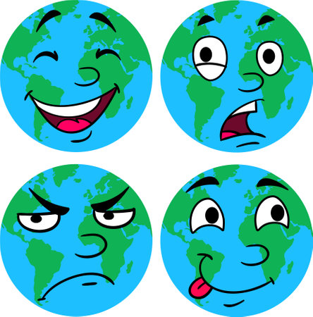 set of planets earth with emotions. anger, fear, joy, laughter, sadness, isolated objects on white backgroundのイラスト素材