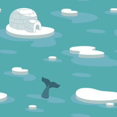 Seamless pattern, arctic ocean, snow house and ice floes. The killer whale's tail peeks out of the water. Cheerful children's print for textiles, postcards, clothes. Vector color illustrationのイラスト素材