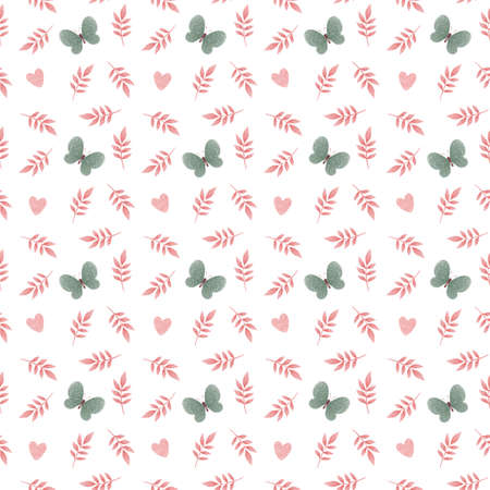 Seamless pattern with pink leaves and hearts on a white background.の写真素材