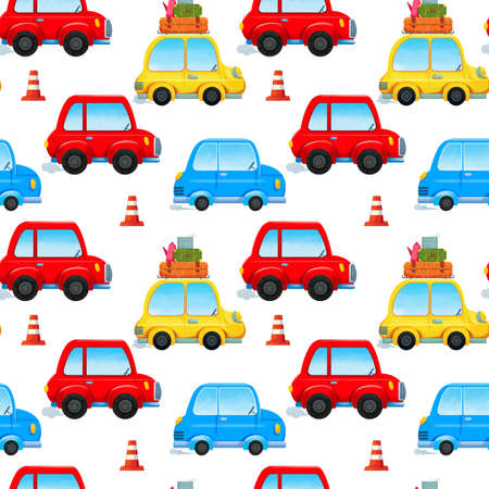 Seamless pattern with cartoon cars with gifts. Vector background.の写真素材