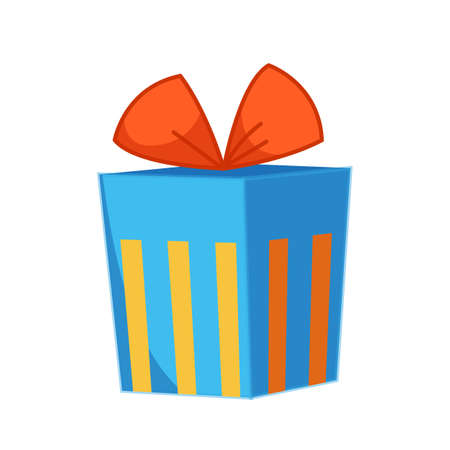 Gift with a bow in a blue striped box. Vector illustration for a holiday in a cartoon children's style. Isolated funny clipart on a white background. Cute print for birthday and holidayのイラスト素材