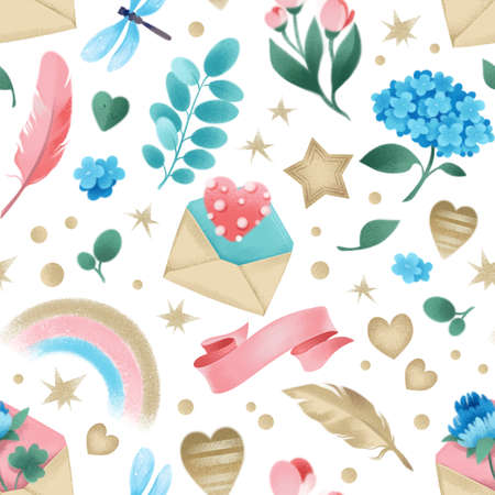 Seamless pattern with watercolor hearts, feathers, stars, hearts, flowers, wings and ribbons. Hand drawn vector illustration.の写真素材