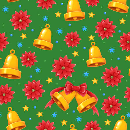 Gold bells and red flower star of bethlehem on a green background. Christmas background with decor. Beautiful colorful illustration of bells and plants for print for the new year.の写真素材