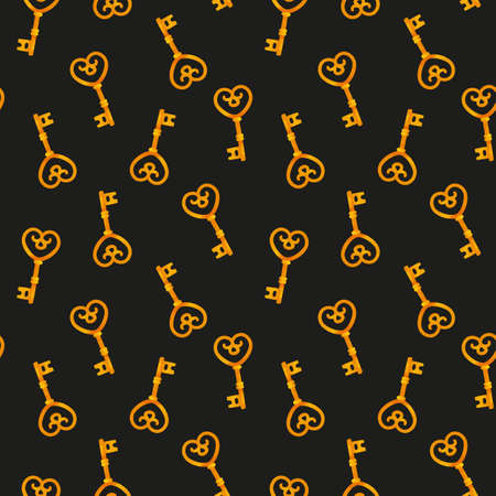 Wonderful golden keys. Seamless cartoon cute pattern on black background. Fairy tale illustration for baby textile, princess, invitation, bed linen.の写真素材