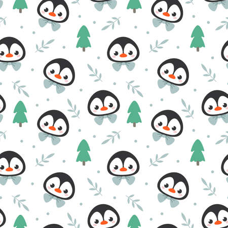 Seamless pattern with the head of a cute cartoon penguin and a Christmas tree on a white background. Vector illustration of a character in a minimalistic flat style, hand drawing. Print for textiles.のイラスト素材