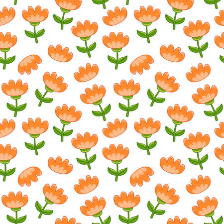 Seamless pattern with cute orange flowers on a white background. Spring tulips, delicate decoration for packaging. Vector illustration in minimalistic flat style, hand-drawn. Print for textiles.のイラスト素材