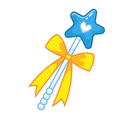 Magic wand of a fairy or sorceress with a decor of pearls, bow and blue star. Vector illustration in cartoon childish girly style. Isolated cute clipart.のイラスト素材