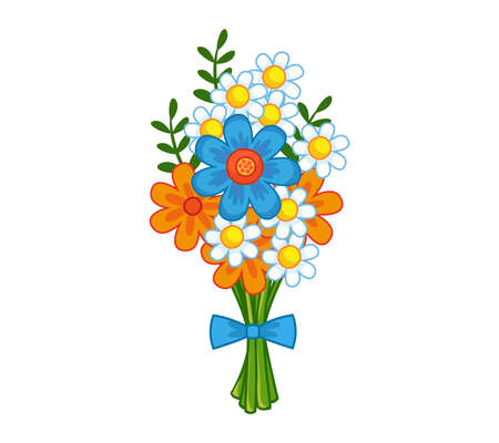 A bouquet of flowers of daisies, asters, orange and blue chrysanthemums and hydrangeas. Vector illustration in cartoon childish girly style. Isolated cute clipart of valentines day gift.のイラスト素材