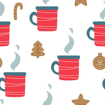 Seamless pattern, Cute Christmas decor with a mug of tea and gingerbread. Cocoa or coffee in a red cheerful cup. Cheerful childrens print for textiles, postcards, clothes. Vector color illustration.のイラスト素材