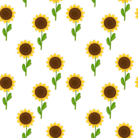 Seamless background with cute orange flowers sunflowers. Spring flowers. Vector illustration of sunflower seeds in a minimalistic flat style, hand-drawn. Print for textiles.のイラスト素材