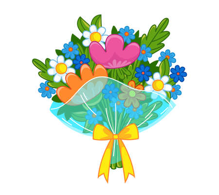 A bouquet of chamomile flowers, pink tulips and blue hydrangeas in transparent packaging and with a bow. Vector illustration with outline in cartoon style. Isolated cute clipart for valentines day.のイラスト素材
