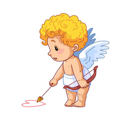 Cute kid cupid stands holding a bow and draws a heart. Happy Cupid character in diapers, with wings...