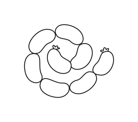 Bunch of sausages or pork sausages, black line. Vector illustration of meat food in cartoon childish style. Isolated funny clipart of soy sausages on white background. cute printのイラスト素材