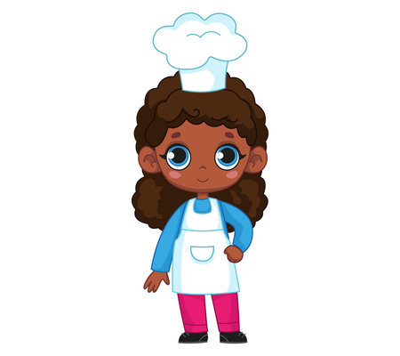 Black cute girl in chef costume and hat. Vector illustration of a character in a cartoon childish style. Isolated funny clipart on white background. cute baby baker printのイラスト素材