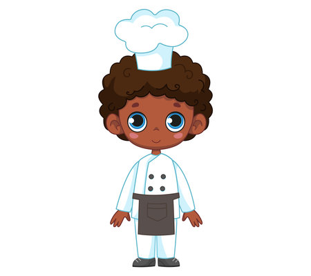 Black cute african boy in chef costume and cap. Vector illustration of a character in a cartoon childish style. Isolated funny clipart on white background. cute baby baker printのイラスト素材