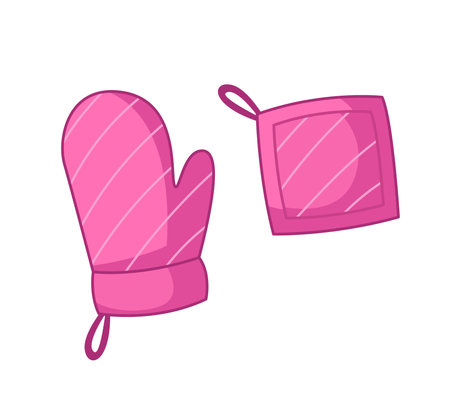 Pink glove and potholder for kitchen and cooking. Vector illustration in cartoon childish style. Isolated funny clipart on white background. cute printのイラスト素材