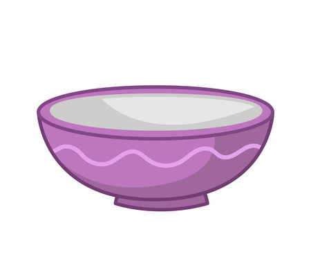 Purple bowl. Vector illustration of kitchen utensils in cartoon childish style. Isolated funny clipart on white background. Cute plate printのイラスト素材