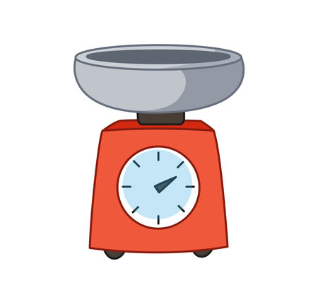 Kitchen scales with a bowl. Vector illustration in cartoon childish style. Isolated funny clipart on white background. cute printのイラスト素材