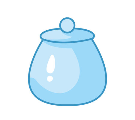 Glass empty jar with lid, flask for liquid. Vector illustration of kitchen utensils in cartoon childish style. Isolated funny clipart on white background. cute printのイラスト素材