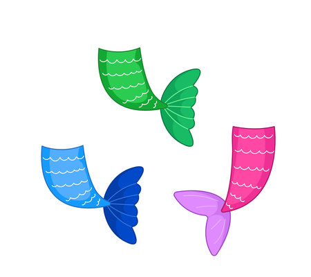 Multicolored cute little mermaid tails. Vector illustration in cartoon childish style. Isolated funny clipart on white background. cute printのイラスト素材