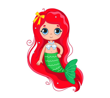 Cute little mermaid with red hair and green tail. Vector illustration of magic character in cartoon childish style. Isolated funny clipart on white background. cute mermaid girl printのイラスト素材