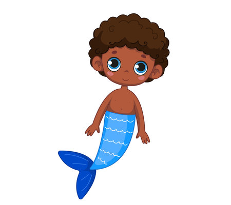 A cute little black boy with a blue mermaid tail. Vector illustration of magic character in cartoon childish style. Isolated funny clipart on white background. Cute mermaid boy printのイラスト素材