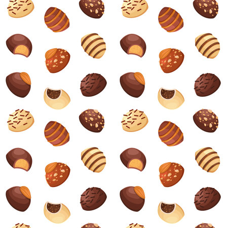Seamless background with milk and dark chocolate candies. Vector illustration in a minimalistic flat style, sweets. Textile printing, print design, postcardsのイラスト素材