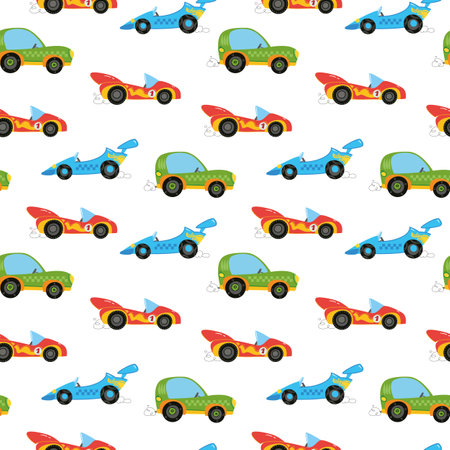 Seamless pattern with cute children's colorful cars. Drawing for children's textiles with cars and transport, for boys. Vector illustration in a minimalistic flat styleのイラスト素材
