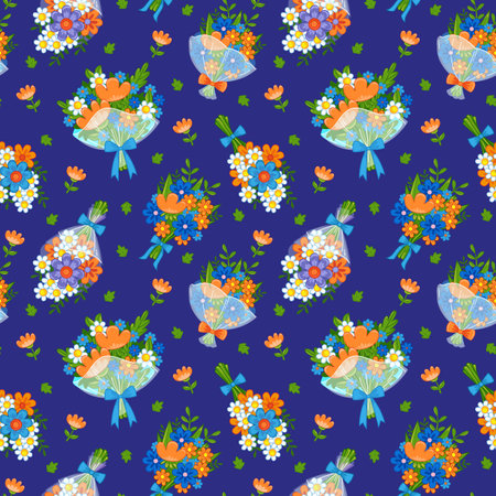 Seamless pattern with cute bouquets of flowers on a dark blue background. Spring children's decor of pink, yellow and blue flowers. Vector illustration in a flat style. Printing on textilesのイラスト素材