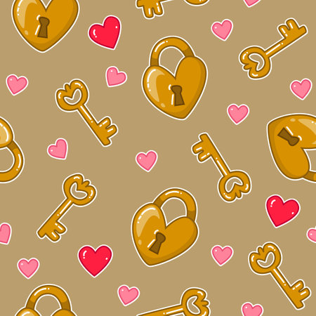 Seamless cute pattern with heart shaped golden keys and locks on golden background. Vector cartoon for children's clothing, packaging, postcards. Valentine's Day, wedding and other holidaysのイラスト素材