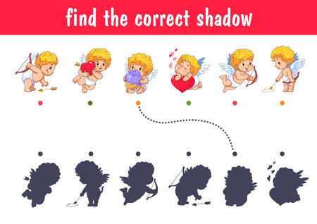 Set of cute baby blond cupids in different poses. Find the correct shadow. Educational game for kids. Cartoon vector illustration, colorclipartのイラスト素材